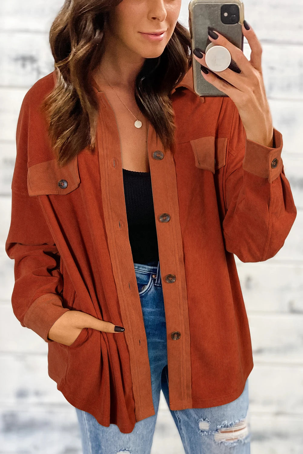 Burnt Orange Velvet Detail Shacket