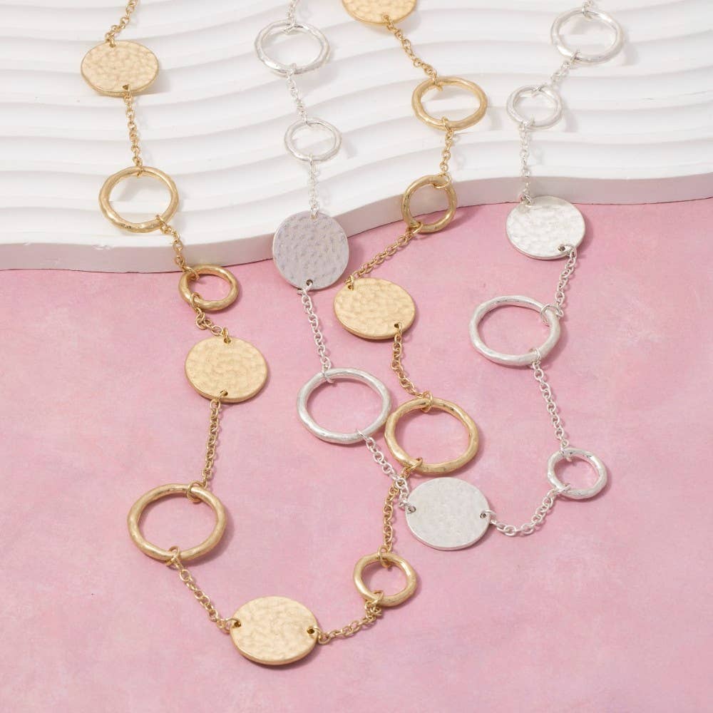 Long Hammered Disc & Open Circle Station Necklace