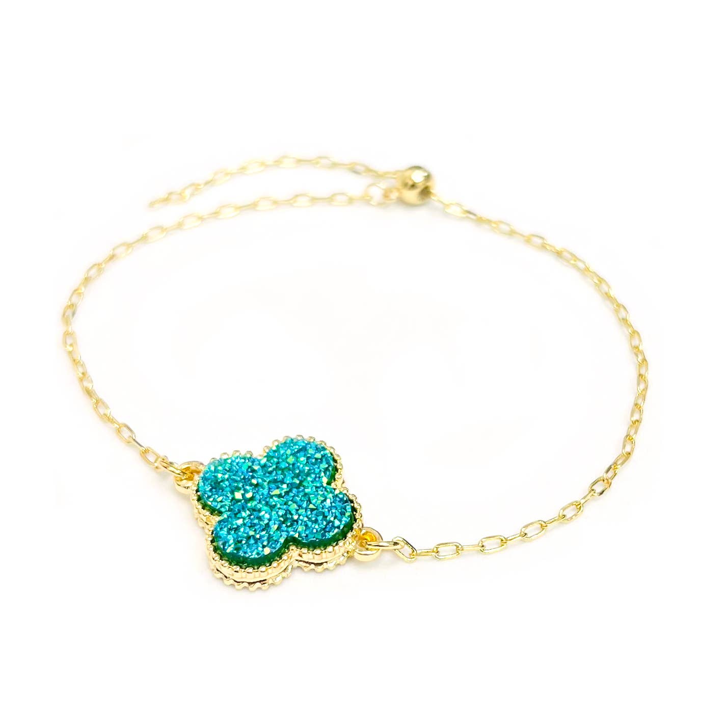 Resin Druzy Clover Charm with Chain Pull Tie Bracelet