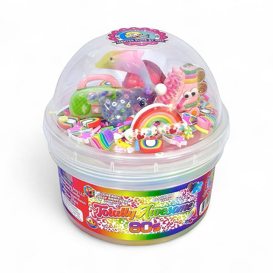 Doodlations Coffee Bar & Boutique Totally Awesome 80s Slime Container with rainbow, dolphin, and boombox charms.