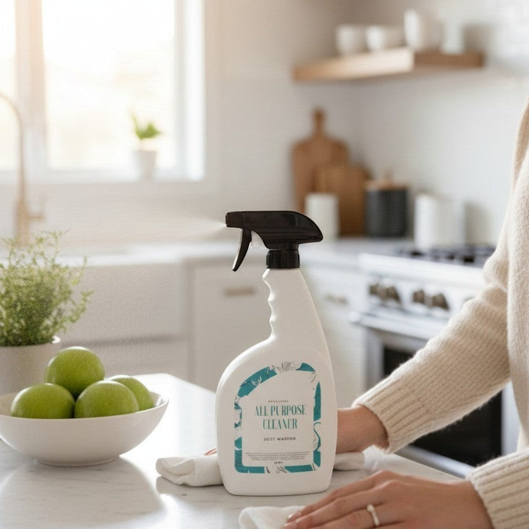 Doodlations Coffee Bar & Boutique All Purpose Cleaner bottle with a black spray nozzle and a white label featuring teal marbling and floral accents. Scent: Just Washed.