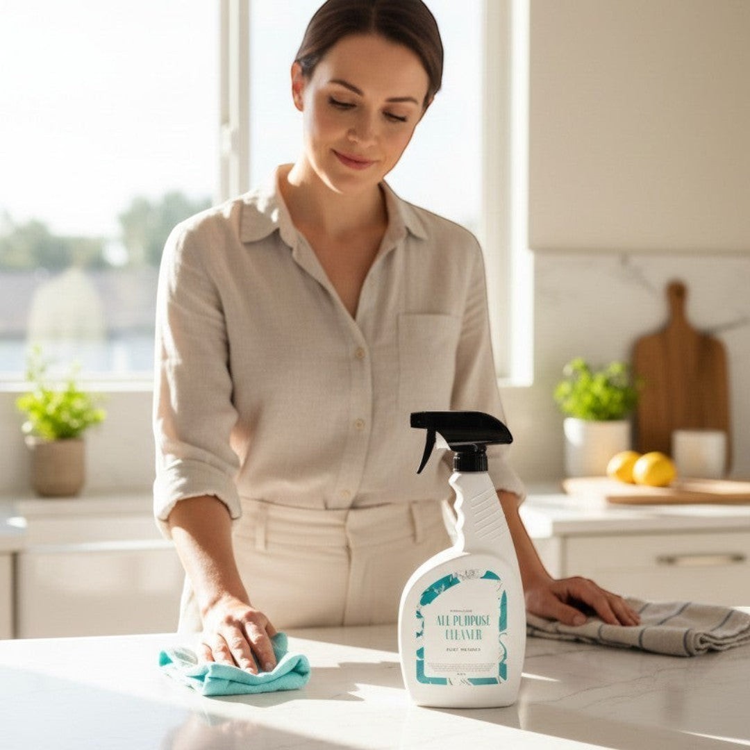 Doodlations Coffee Bar & Boutique All Purpose Cleaner bottle with a black spray nozzle and a white label with teal marble design and text.