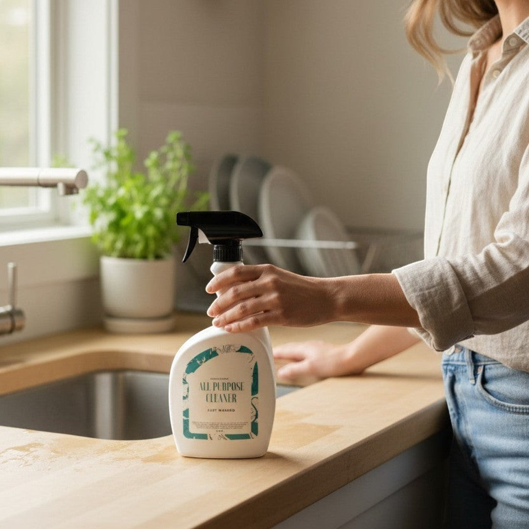Doodlations Coffee Bar & Boutique All Purpose Cleaner bottle with a black spray nozzle and white ergonomic handle. Features a teal label with floral accents and 'Just Washed' scent.