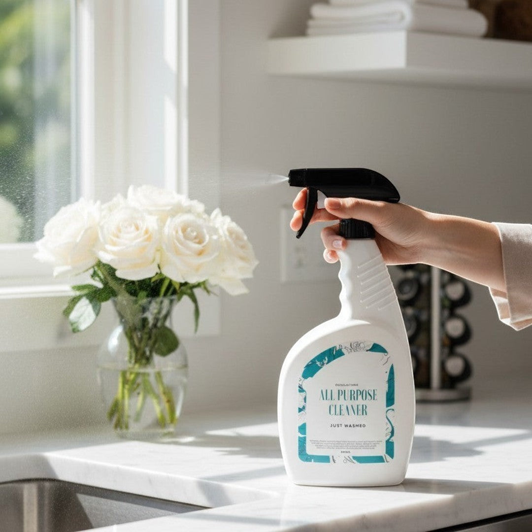 Doodlations Coffee Bar & Boutique All Purpose Cleaner bottle with a black spray nozzle and a white ergonomic handle. The label is white with teal floral accents and reads "ALL PURPOSE CLEANER JUST WASHED".