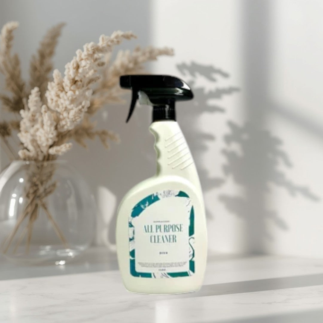Doodlations All Purpose Cleaning Spray bottle with a teal and white label, set on a kitchen counter.