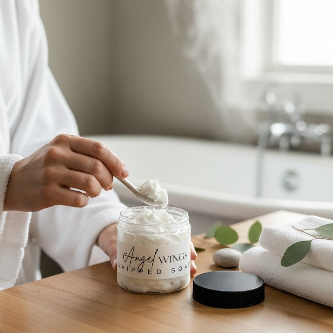 Doodlations Coffee Bar & Boutique Angel Wings whipped soap in a clear jar with a black lid. White whipped soap with a light texture.