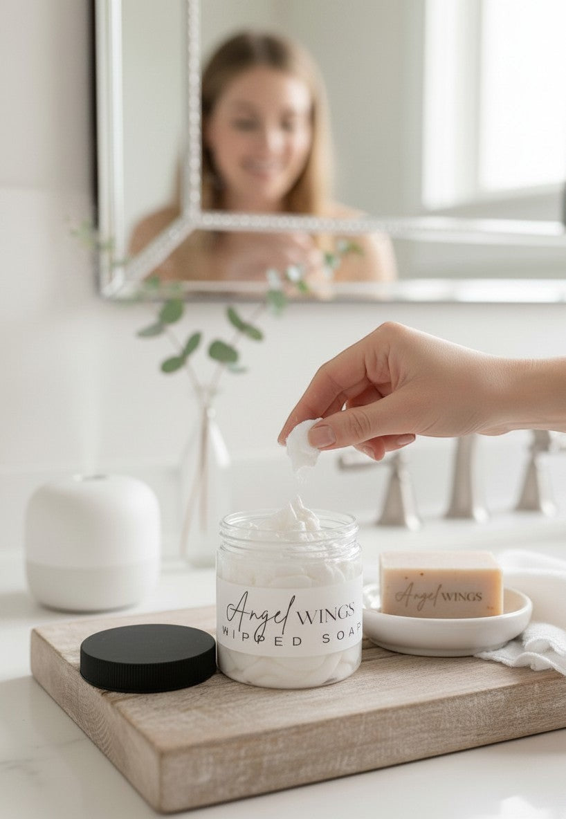 Doodlations Coffee Bar & Boutique Angel Wings whipped soap in a jar with a hand scooping some out. Includes grape seed oil for skin nourishment.