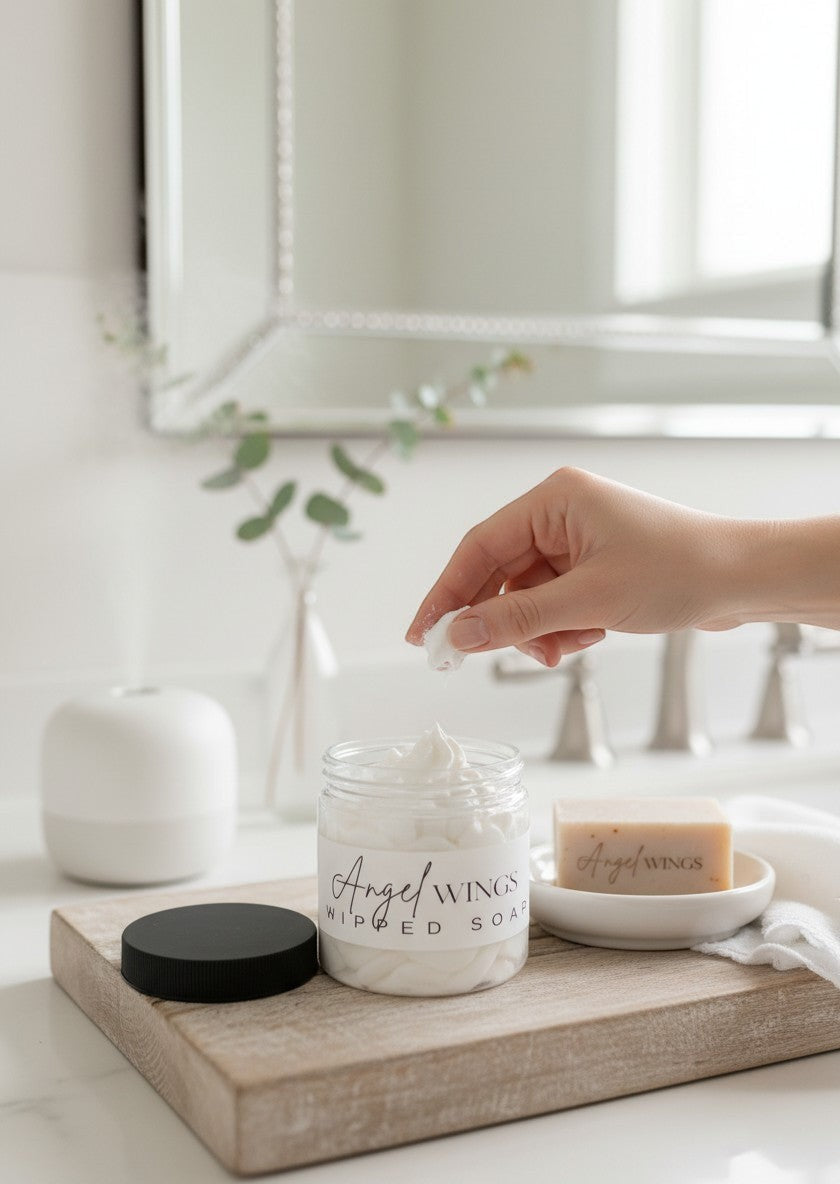 Doodlations Angel Wings whipped soap in a clear jar with a black lid. White fluffy soap with a light scent.