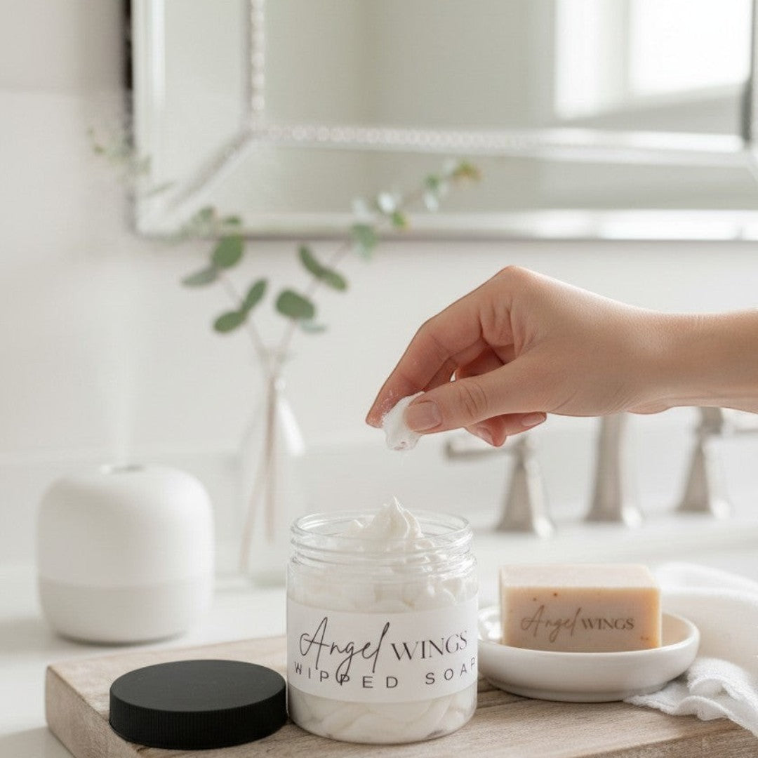 Doodlations Angel Wings whipped soap in a clear jar with a black lid. White fluffy soap with a light scent.