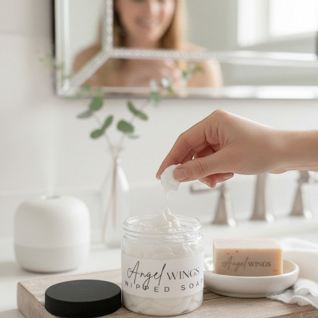 Doodlations Coffee Bar & Boutique Angel Wings whipped soap in a jar with a hand scooping some out. Includes grape seed oil for skin nourishment.