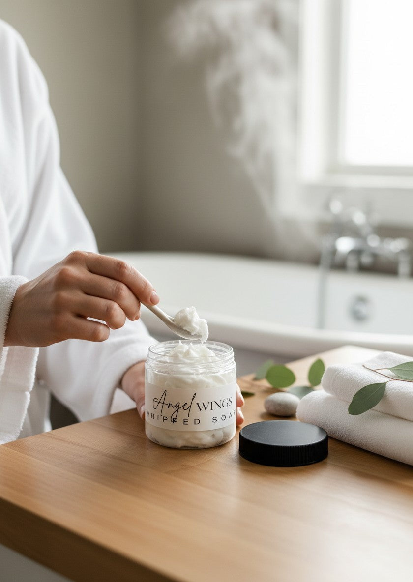 Doodlations Coffee Bar & Boutique Angel Wings whipped soap in a clear jar with a black lid. White whipped soap with a light texture.