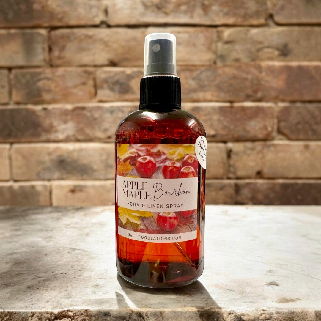 Doodlations Apples & Maple Bourbon room and linen spray with apple and maple leaf graphics. 8oz bottle.