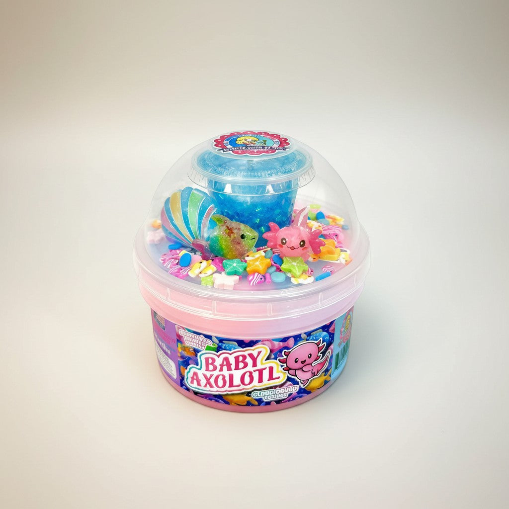 Doodlations Coffee Bar & Boutique Baby Axolotl slime with pink and blue swirls, axolotl charm, glitter, and bingsu beads.