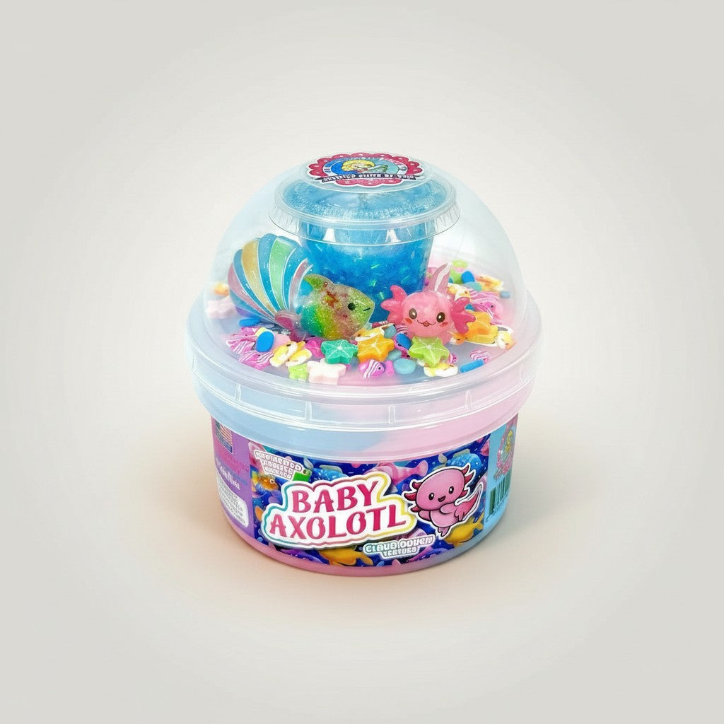 Doodlations Coffee Bar & Boutique Baby Axolotl slime with pink and blue swirls, axolotl charm, and glittery bingsu beads.