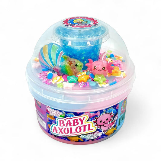 Doodlations Baby Axolotl cloud dough slime with pink and blue colors, axolotl, fish, star charms, glitter, and seashell.