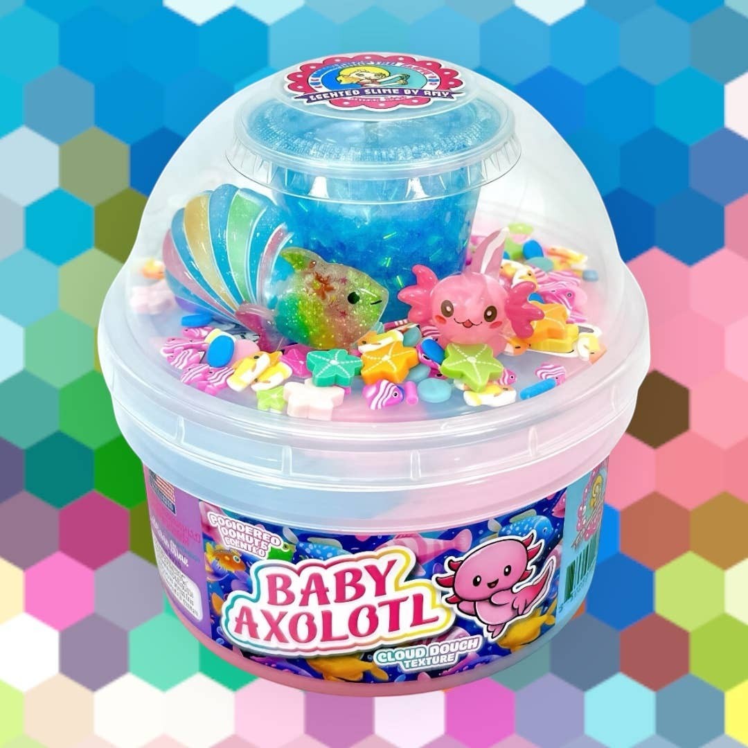 Doodlations Coffee Bar & Boutique Baby Axolotl cloud dough slime with pink and blue colours, axolotl, fish, star charms, glitter and seashell.