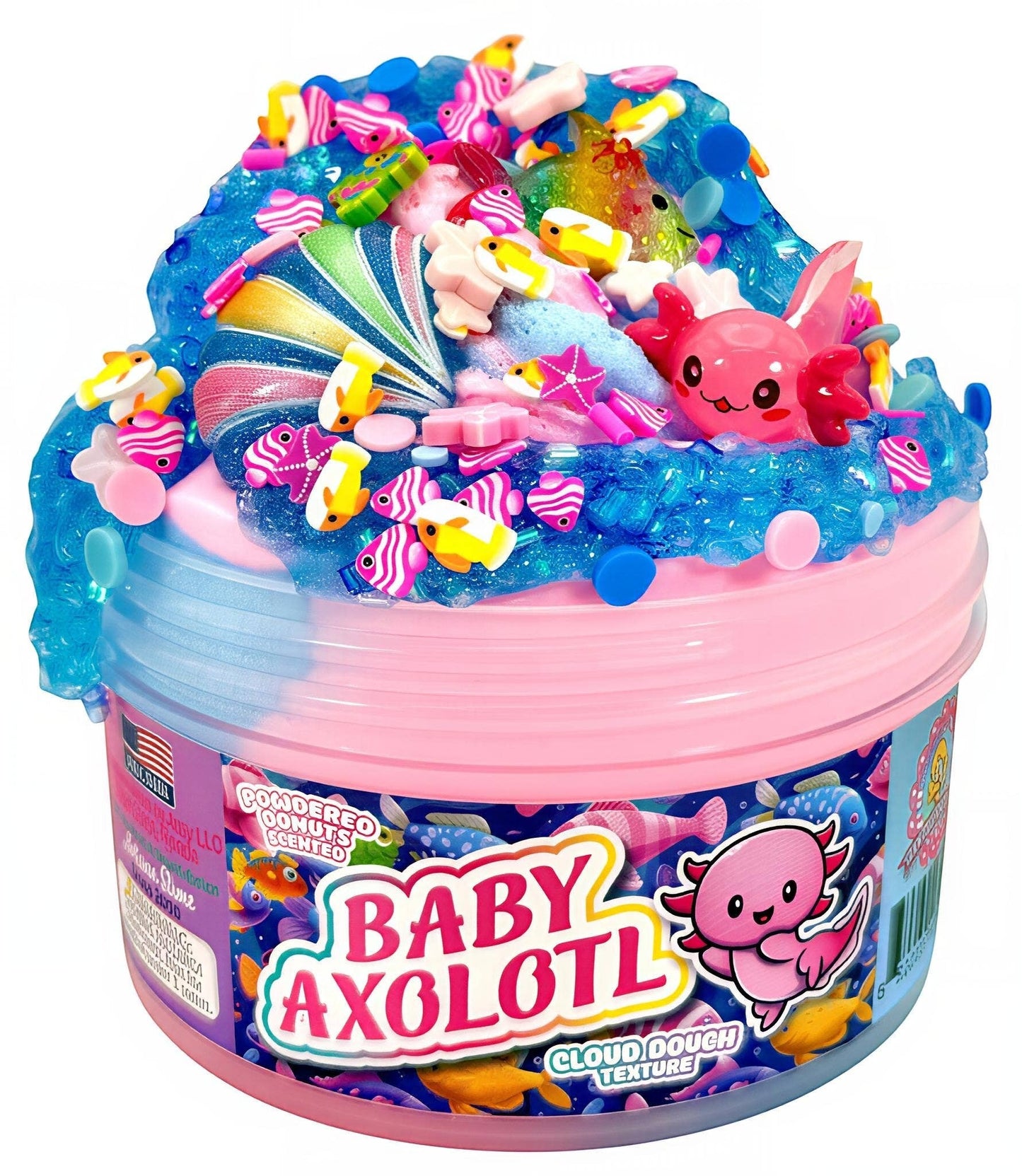 Doodlations Baby Axolotl cloud dough slime with pink and blue colors, axolotl, fish, star charms, glitter, and seashell.