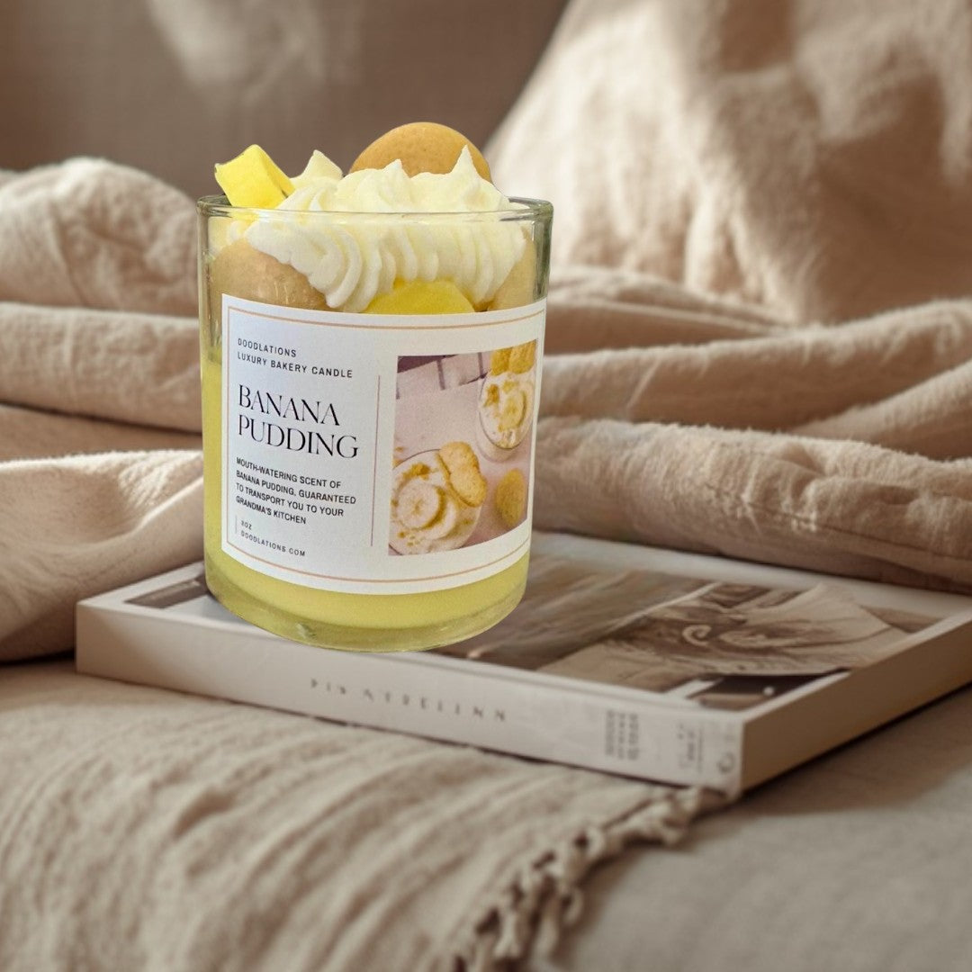 Doodlations Banana Pudding luxury bakery candle with realistic wax vanilla wafers and whipped topping. 8oz.