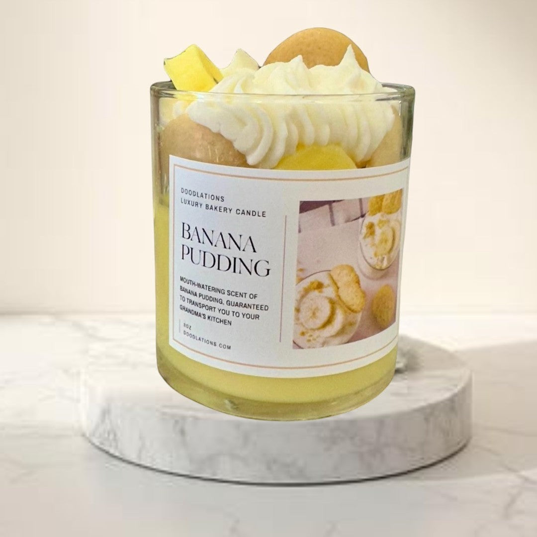 Doodlations Banana Pudding luxury bakery candle with realistic wax vanilla wafers and whipped topping. 8 oz.