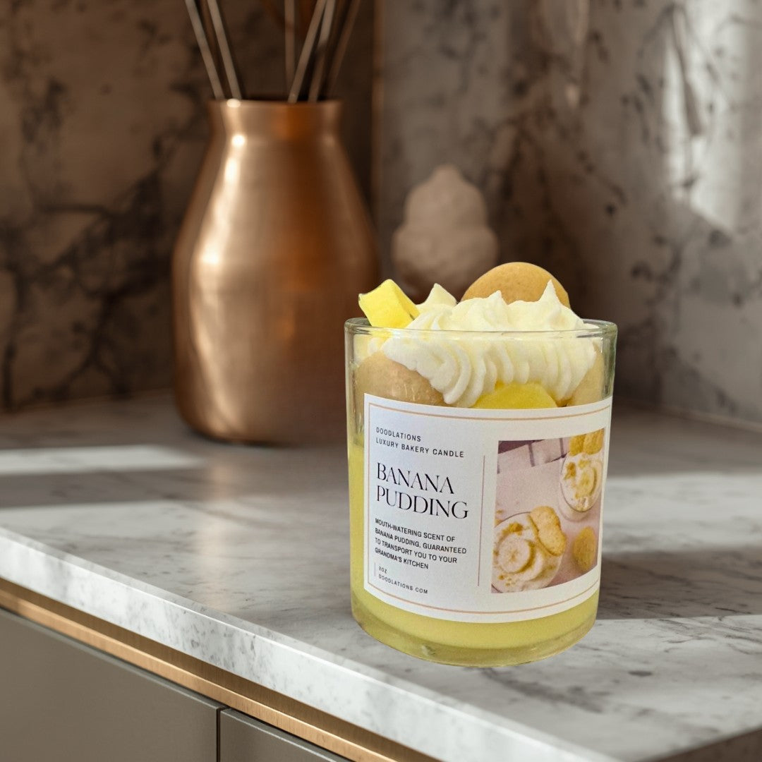 Doodlations Banana Pudding luxury bakery candle with realistic wax vanilla wafers and whipped topping. 8oz.