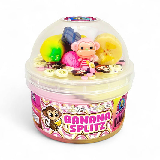 Doodlations Coffee Bar & Boutique Banana Splitz scented slime with banana, chocolate charms, and a monkey toy.