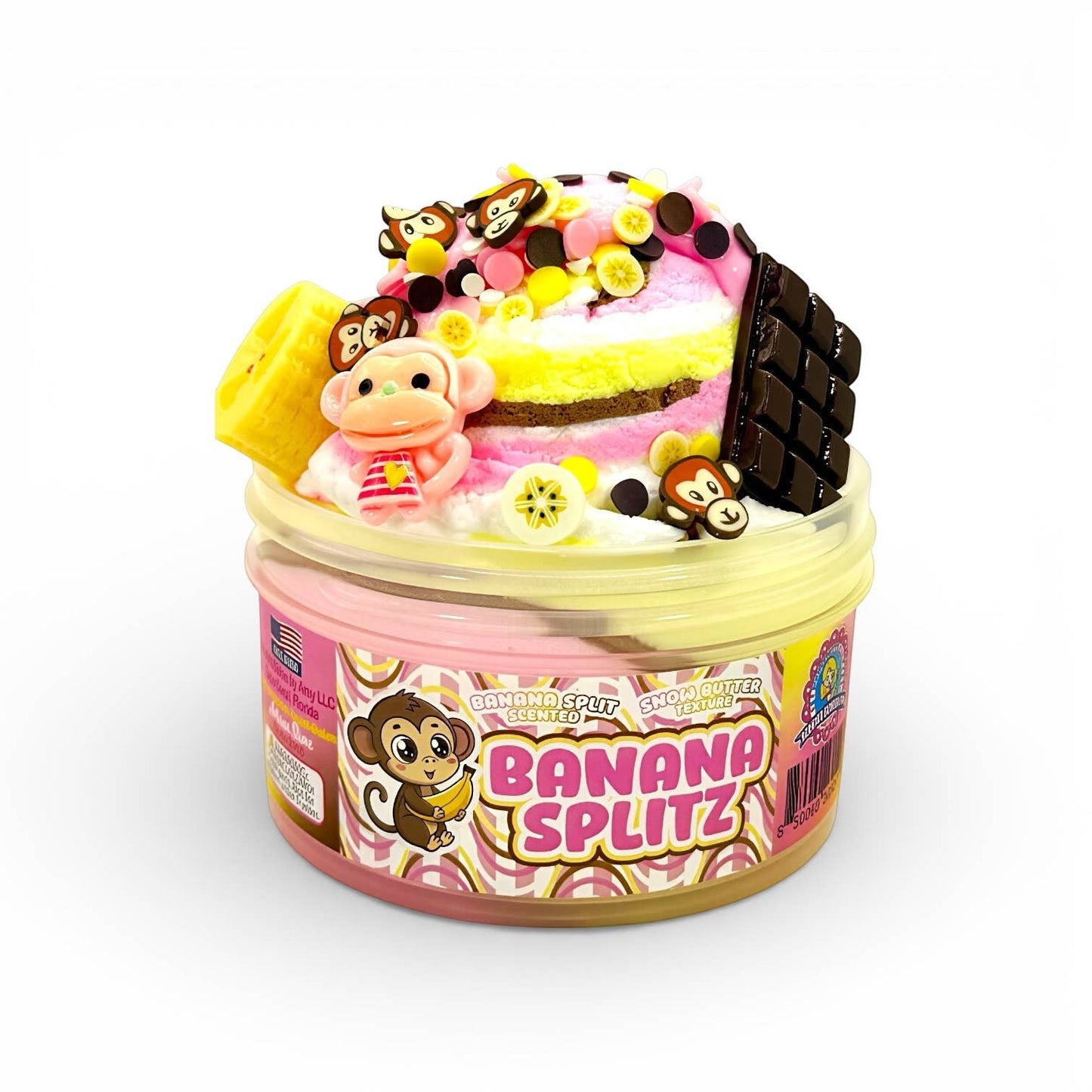Doodlations Coffee Bar & Boutique Banana Splitz scented snow butter slime with banana, chocolate, and monkey charms.