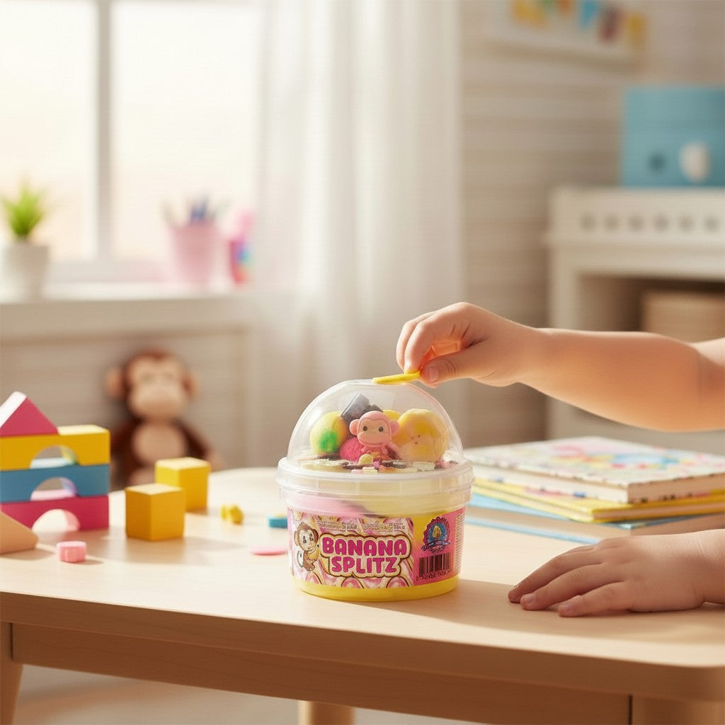 Doodlations Coffee Bar & Boutique Banana Splitz slime kit with banana charm, colorful dessert pieces, and a mini monkey toy.