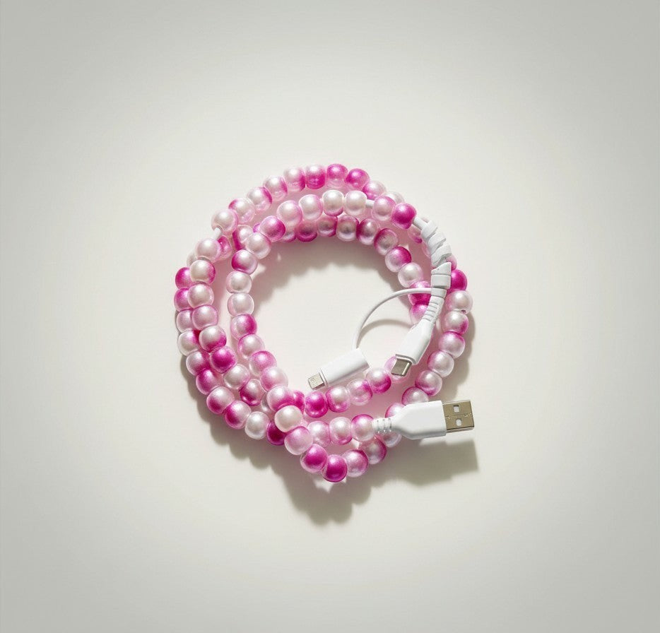 Doodlations Coffee Bar & Boutique pink and white beaded phone charger cable with Lightning and USB-C connectors.
