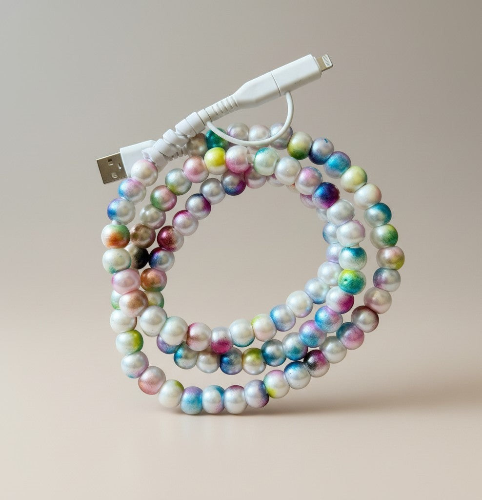 Doodlations Coffee Bar & Boutique beaded phone charger with Lightning and USB-C connectors, featuring iridescent rainbow pearl beads.