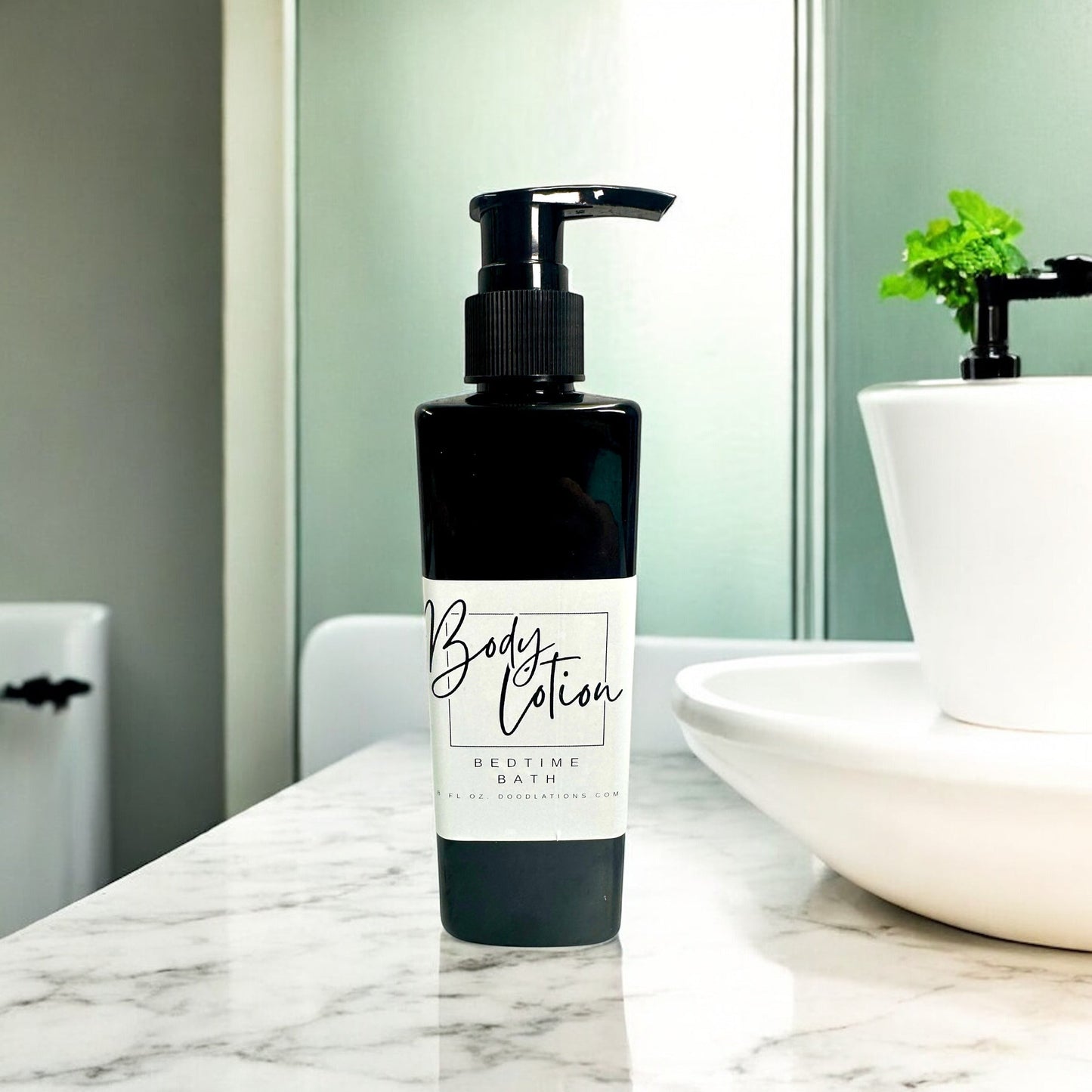 Doodlations Coffee Bar & Boutique Bedtime Bath body lotion in a black pump bottle with a white label.
