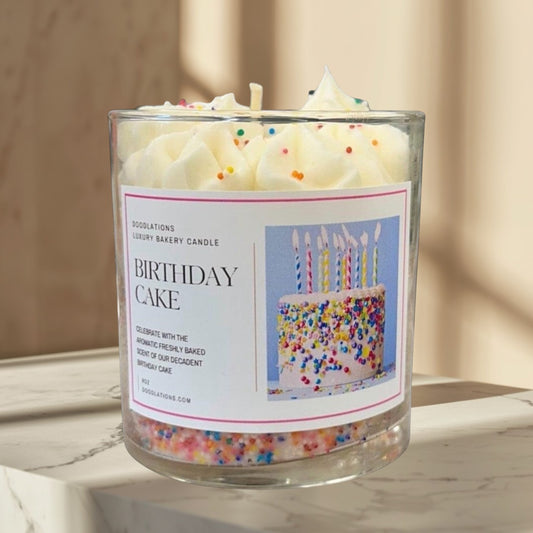 Doodlations Luxury Bakery Candle in Birthday Cake scent, with white frosting and colorful sprinkles. Glass jar.