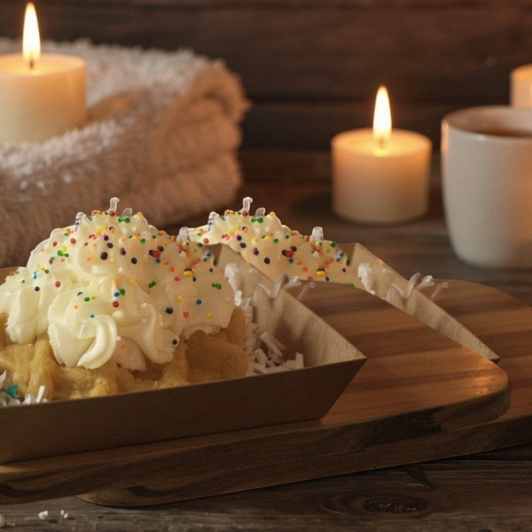 Doodlations Coffee Bar & Boutique Birthday Cake wax melt, shaped like a waffle with white frosting and rainbow sprinkles.
