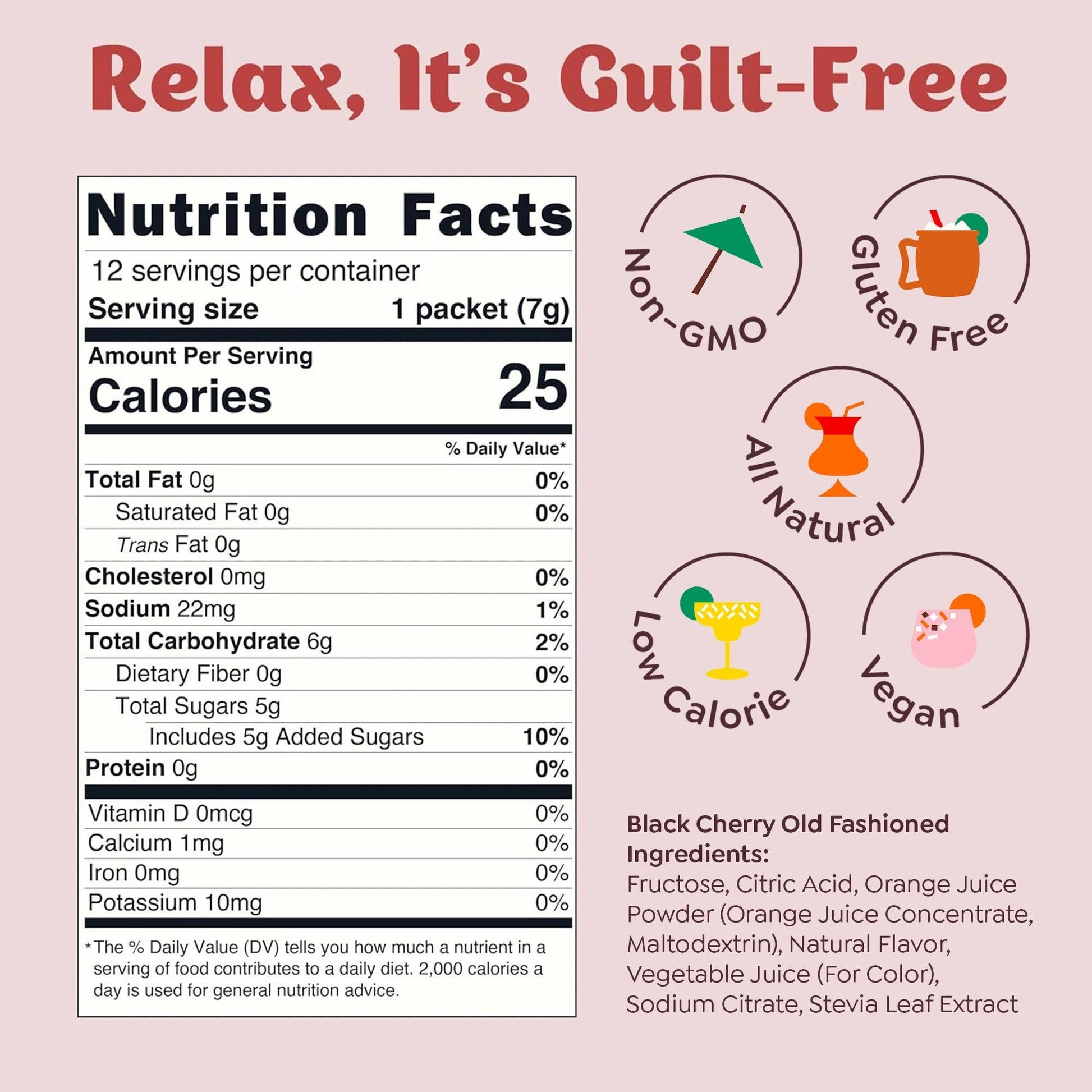 Doodlations Coffee Bar & Boutique Black Cherry Old Fashioned Cocktail Mixer nutrition facts and icons for non-GMO, gluten-free, all-natural, low-calorie, and vegan.