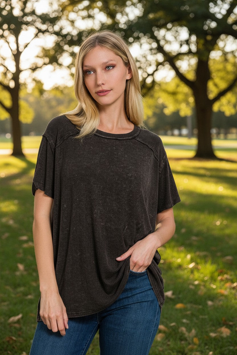Doodlations Coffee Bar & Boutique black mineral wash oversized tee with crew neck and short sleeves.