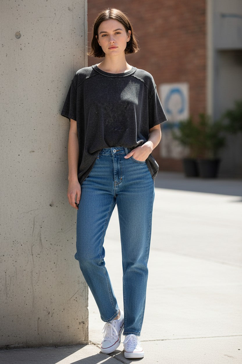 Doodlations Coffee Bar & Boutique black mineral wash oversized cotton blend tee with crew neck and short sleeves.