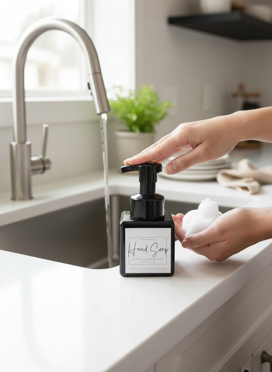Doodlations Coffee Bar & Boutique black raspberry vanilla foaming hand soap in a square black bottle with a black pump.