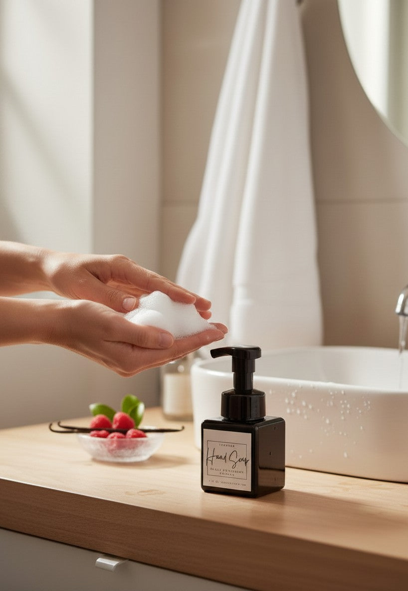 Doodlations Coffee Bar & Boutique black raspberry vanilla foaming hand soap with rich lather in hands.