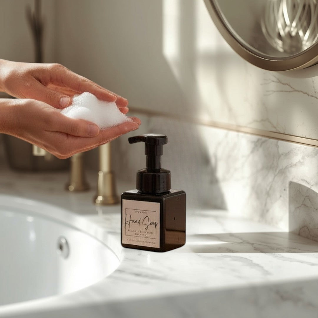 Doodlations Coffee Bar & Boutique black raspberry vanilla foaming hand soap with rich lather in hands.