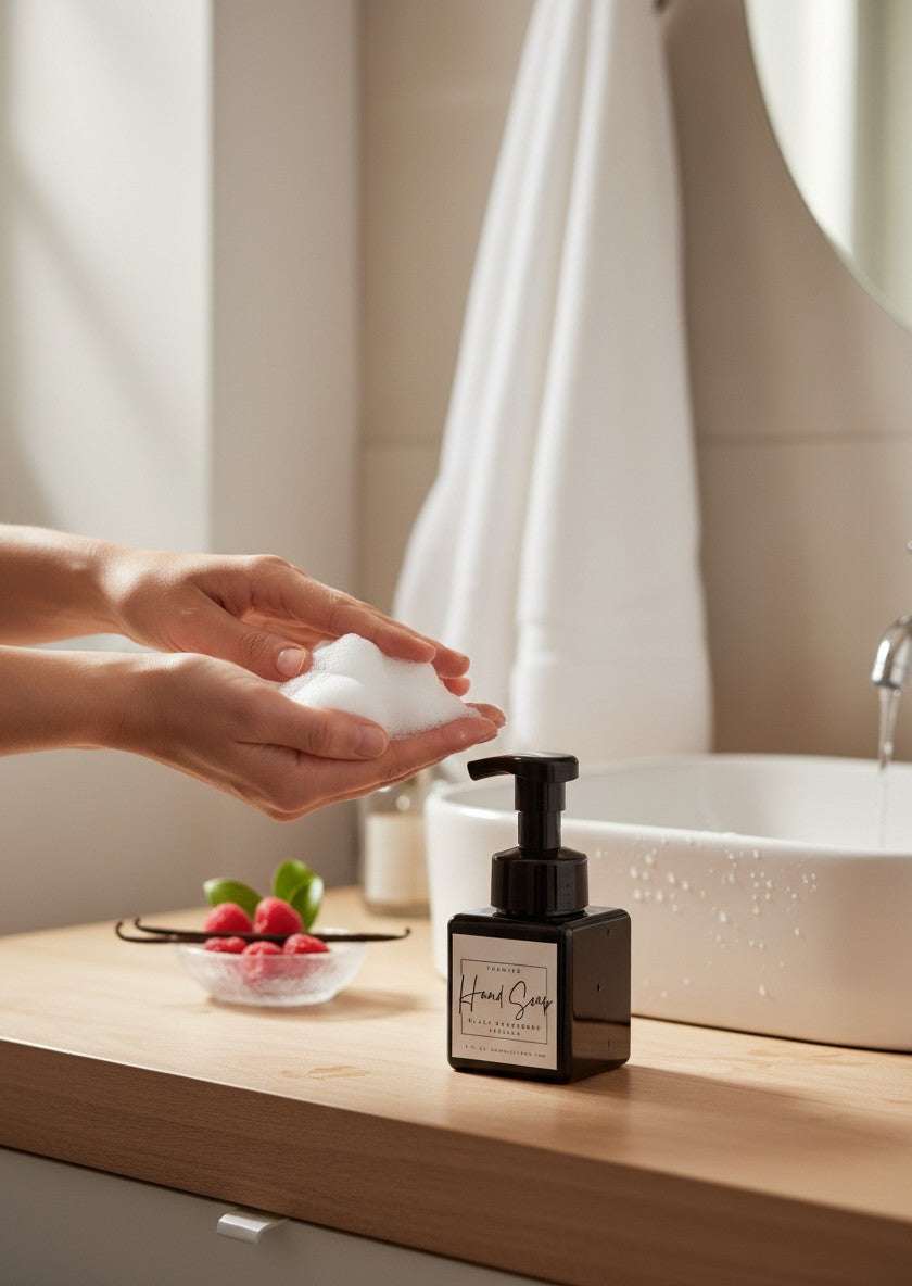 Doodlations black raspberry vanilla foaming hand soap in a square black bottle with a pump dispenser.