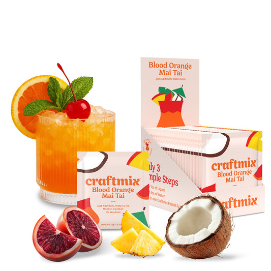 Doodlations Coffee Bar & Boutique Blood Orange Mai Tai cocktail mixer packet with a finished drink, blood oranges, pineapple, and coconut.