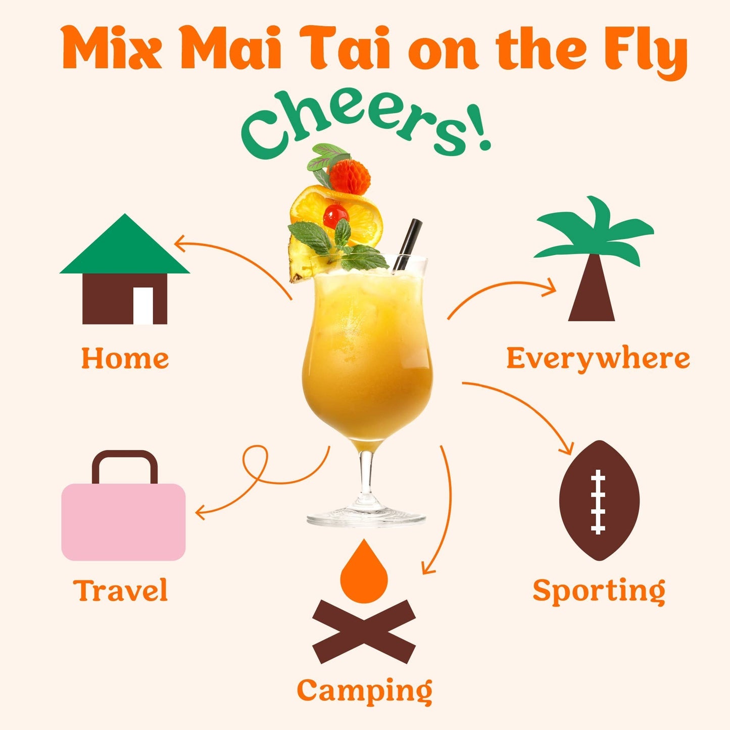 Doodlations Coffee Bar & Boutique Blood Orange Mai Tai cocktail mixer with pineapple, orange, and cherry garnish. Mix Mai Tai on the fly for home, travel, camping, sporting, or everywhere.