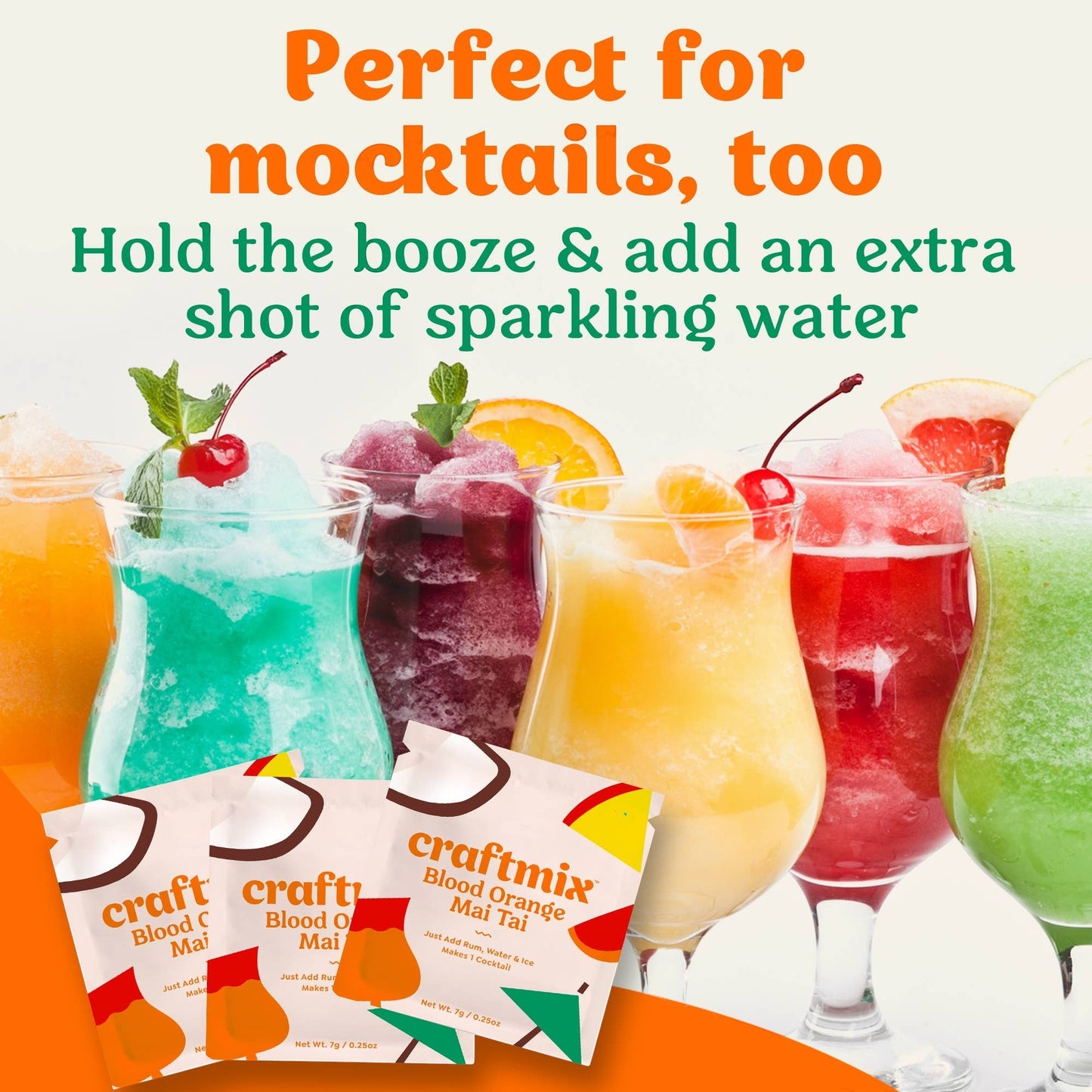 Doodlations Coffee Bar & Boutique Craftmix Blood Orange Mai Tai cocktail mixer packets with colorful frozen cocktails.