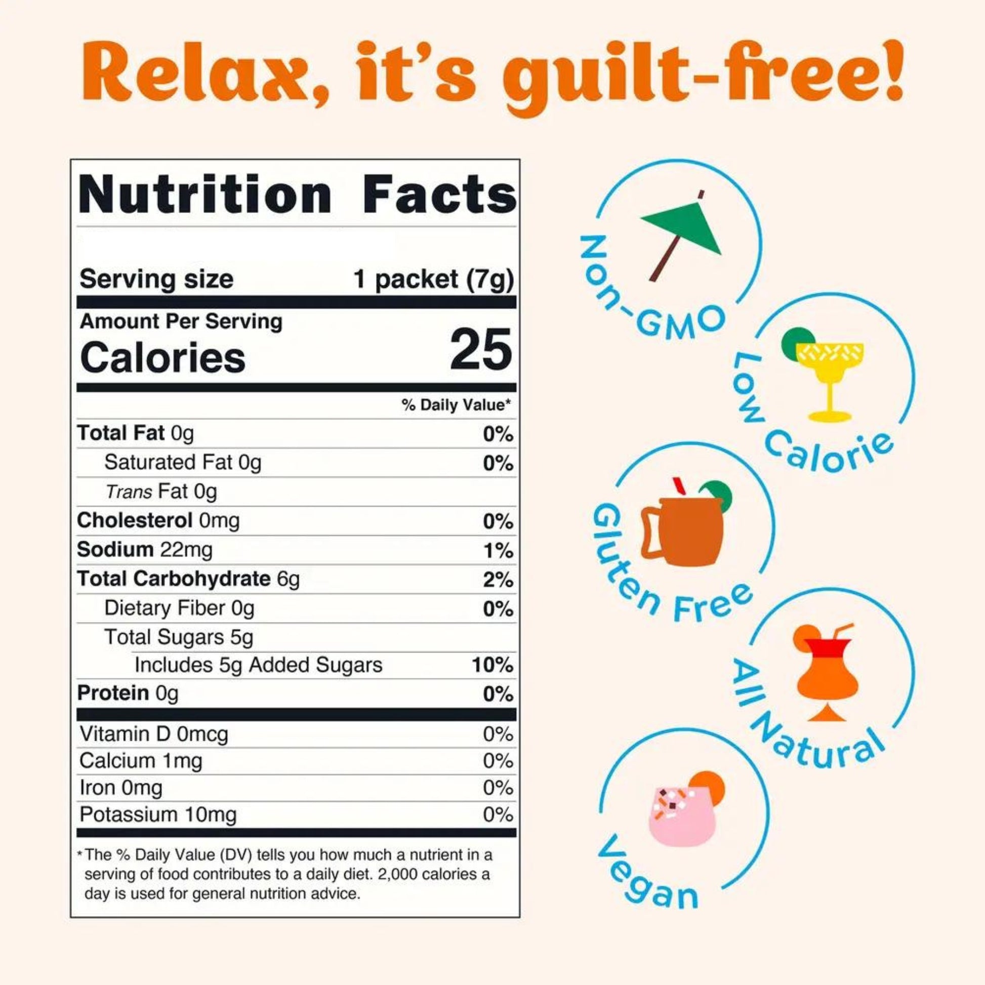 Doodlations Coffee Bar & Boutique Blood Orange Mai Tai Cocktail Mixer nutrition facts and icons for non-GMO, low calorie, gluten-free, all natural, and vegan.