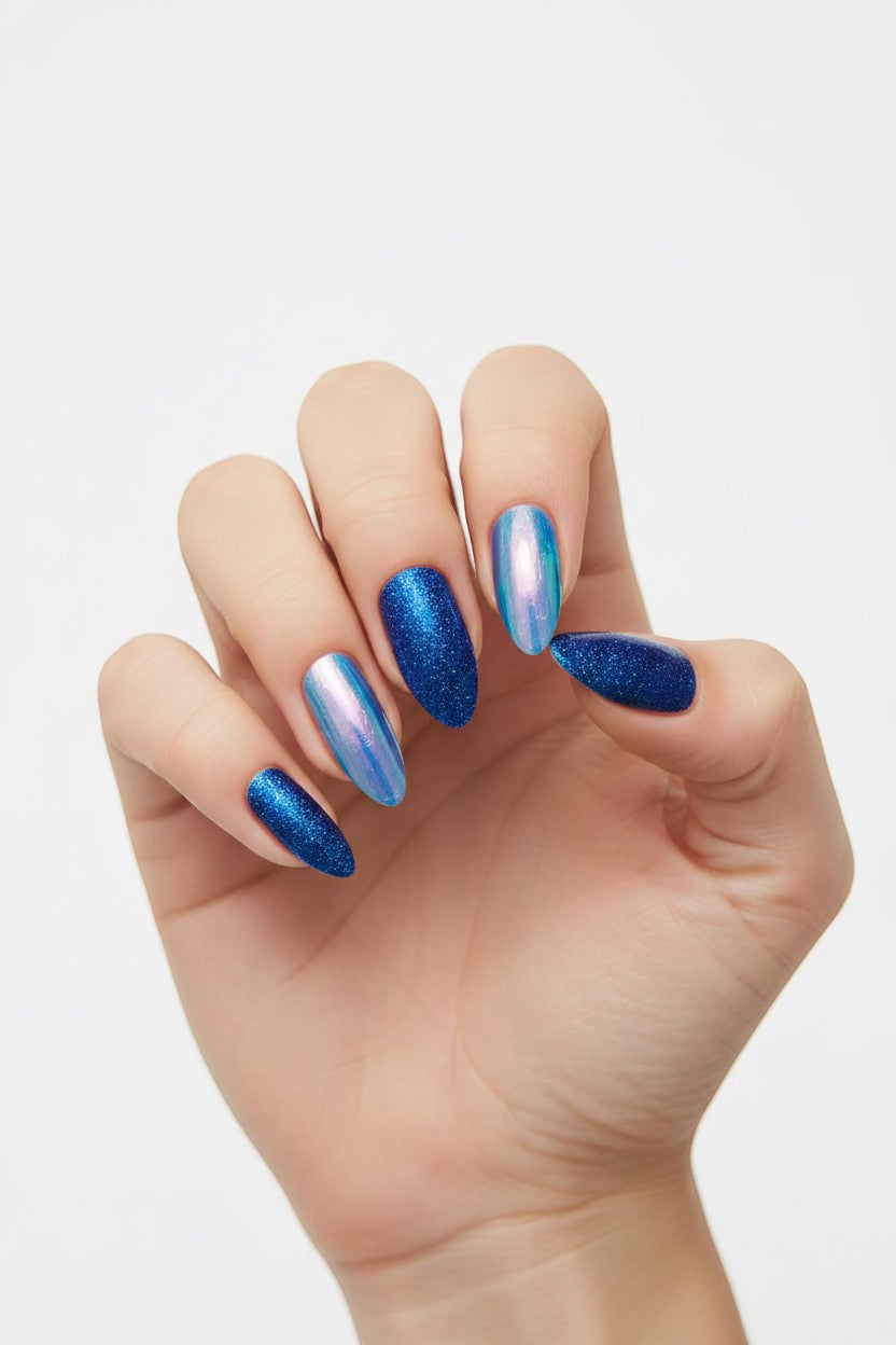 Doodlations Coffee Bar & Boutique blue glitter and chrome almond press-on nails