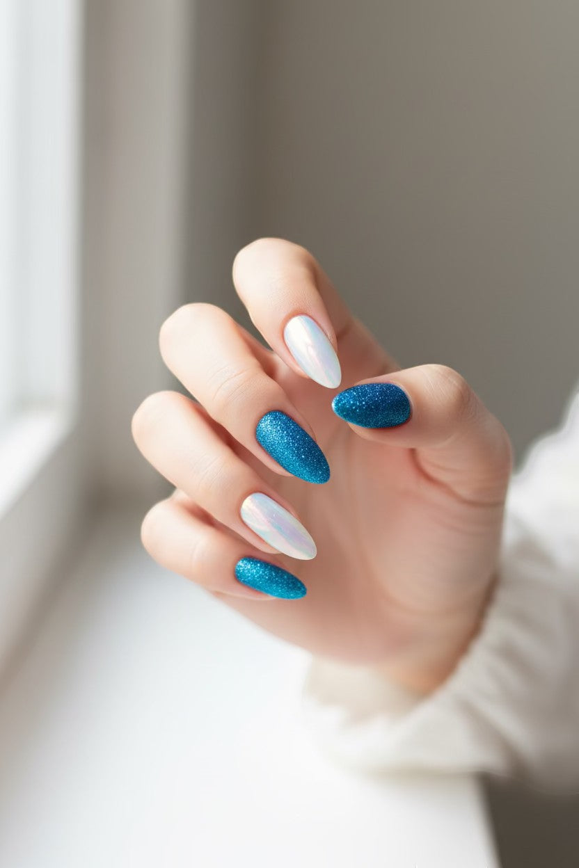 Doodlations Coffee Bar & Boutique blue glitter and white chrome almond press-on nails.