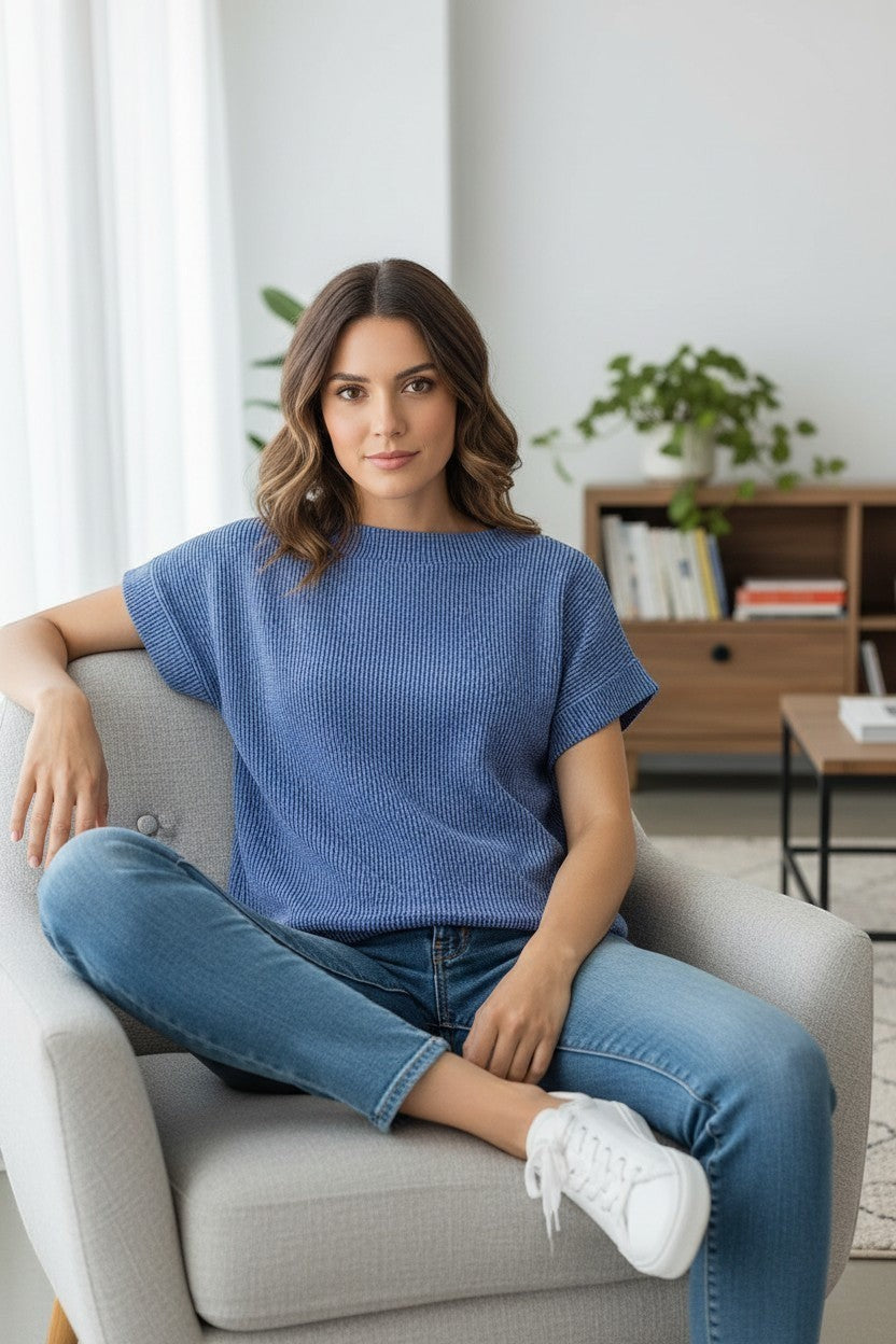 Doodlations Coffee Bar & Boutique blue textured knit relaxed fit short sleeve crew neck top.