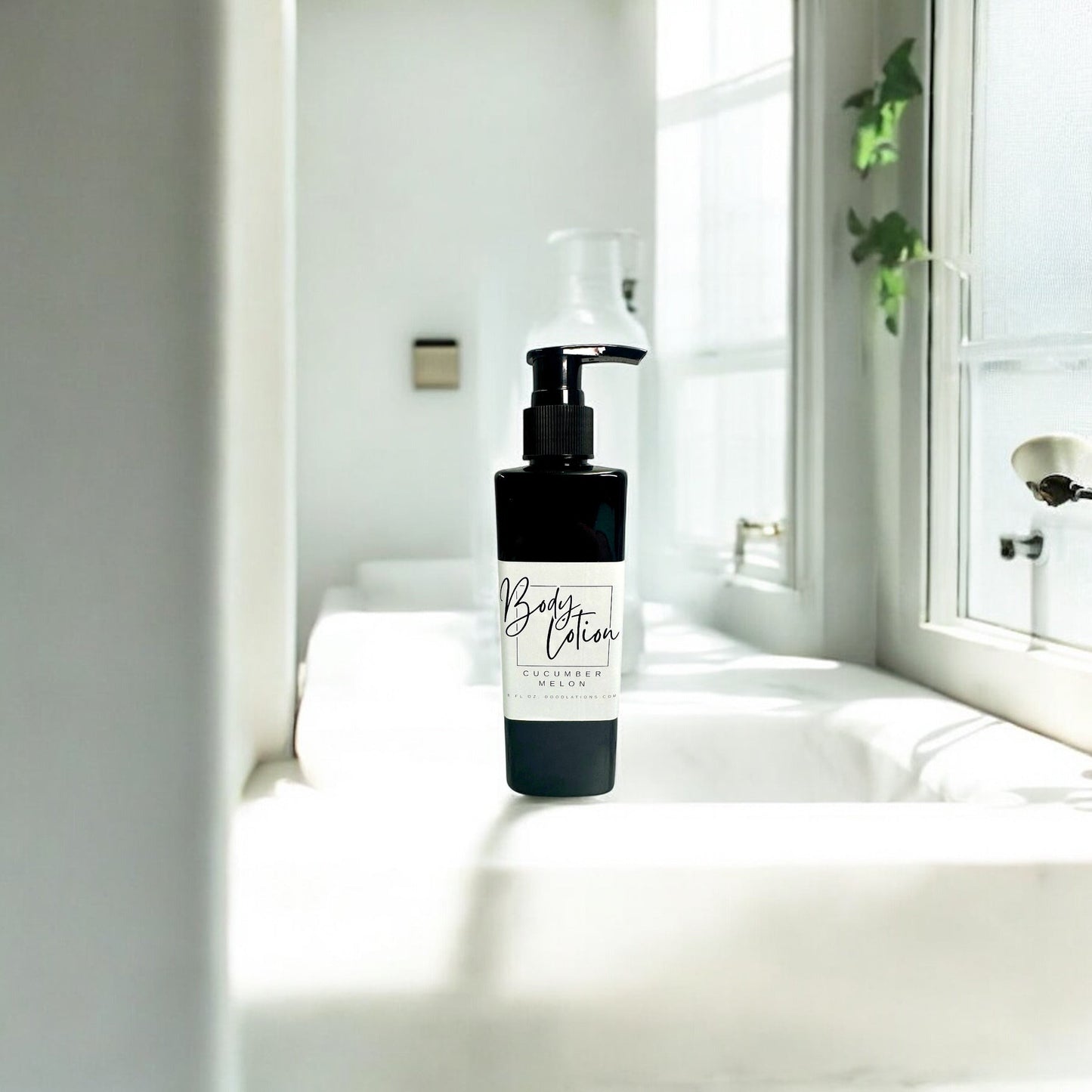 Doodlations Coffee Bar & Boutique black body lotion bottle with white label for cucumber melon scent, 8oz size.