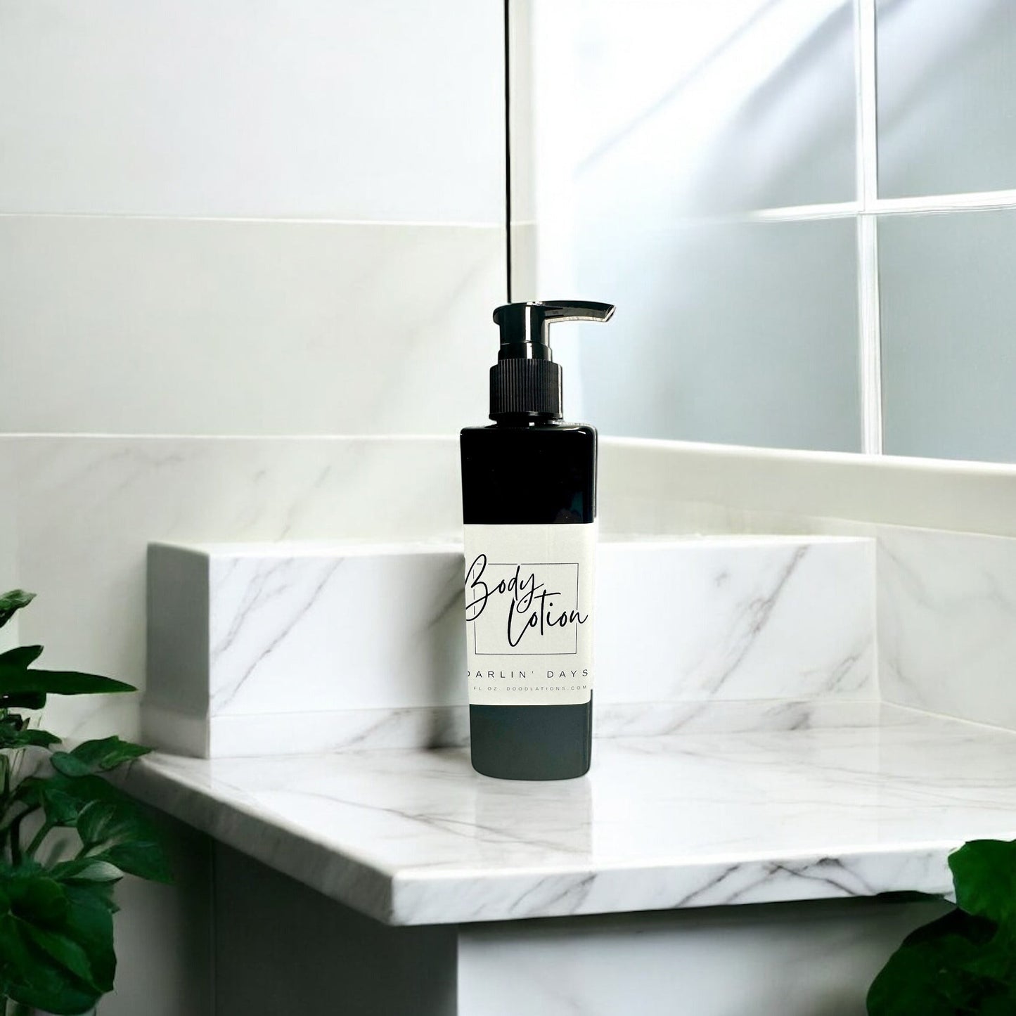Doodlations Coffee Bar & Boutique moisturizing body lotion in a black pump bottle with a white label.
