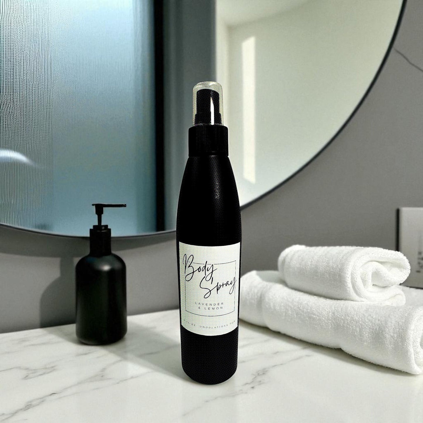 Doodlations Coffee Bar & Boutique black bottle of Lavender & Lemon moisturizing body spray with aloe, butters, and oils.
