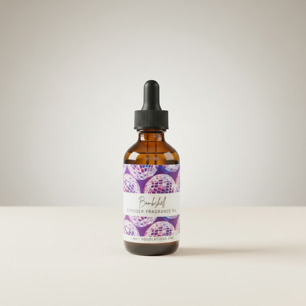 Doodlations Coffee Bar & Boutique Bombshell fragrance oil in amber glass bottle with dropper, purple disco ball pattern.